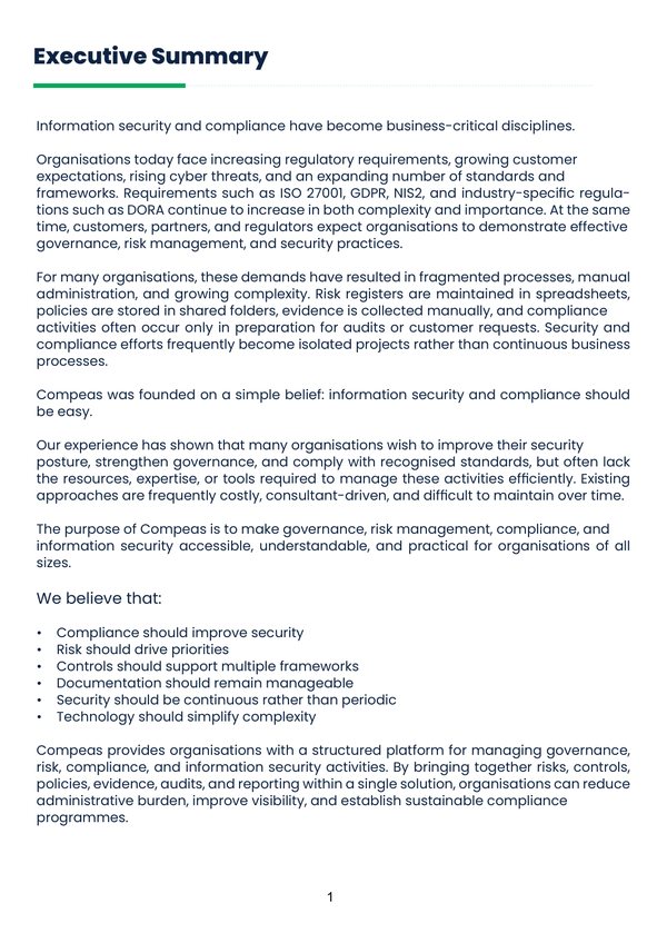 Executive Summary page introducing why information security and compliance have become business-critical disciplines