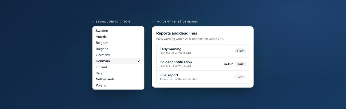 Compeas GRC: the legal jurisdiction list with the ten countries, and the NIS2 reporting deadlines of an incident in Denmark