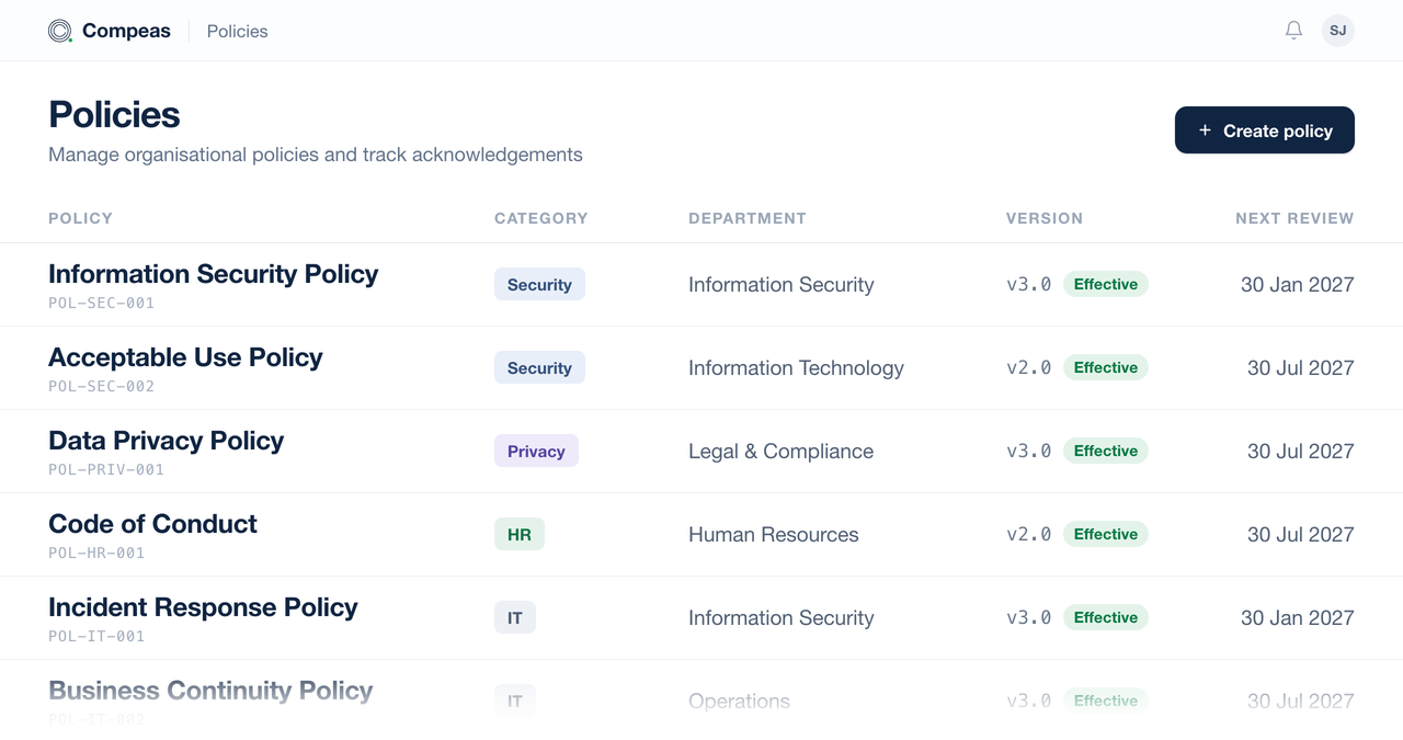 Compeas policy register &mdash; policies with category, owning department, current version and next review date